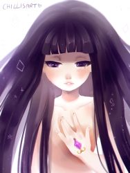 Rule 34 | 1girl, akemi homura, artist name, blunt bangs, blush, collarbone, covering privates, covering chest, crystal, diamond (shape), female focus, flat chest, half-closed eyes, hand up, heart, long hair, looking down, mahou shoujo madoka magica, matching hair/eyes, nude, parted lips, purple eyes, purple hair, signature, simple background, solo, spacecolonie, star (symbol), teeth, upper body, white background