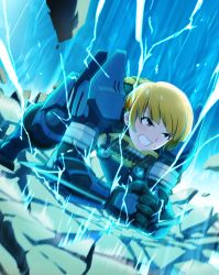 Rule 34 | 10s, armor, blonde hair, brown eyes, clenched teeth, destiny (game), electricity, fukuda noriko, highres, idolmaster, idolmaster million live!, own hands clasped, own hands together, power armor, short hair, takahashi umori, teeth, titan (destiny)