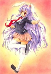 Rule 34 | 1girl, animal ears, bad id, bad pixiv id, blazer, female focus, jacket, loafers, long hair, necktie, pleated skirt, purple hair, rabbit ears, red eyes, red necktie, reisen udongein inaba, shie, shie (m417), shoes, skirt, solo, thighhighs, touhou, very long hair, white thighhighs, zettai ryouiki