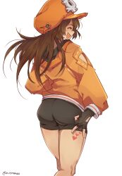 Rule 34 | 1girl, absurdres, ass, bike shorts, black gloves, brown hair, closed eyes, fingerless gloves, from behind, gloves, guilty gear, hat ornament, heart, highres, hood, hoodie, long hair, may (guilty gear), mil17459623, open mouth, orange headwear, orange hoodie, simple background, skull and crossbones, skull hat ornament, solo, white background