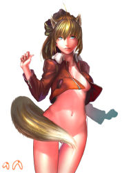 Rule 34 | 1girl, animal ears, artoria pendragon (fate), blue eyes, bottomless, breasts, censored, convenient censoring, cosplay, cropped jacket, fate/stay night, fate (series), fusion, holo, holo (cosplay), jacket, jiemaowanwan, kara no kyoukai, long sleeves, medium breasts, multicolored hair, navel, no bra, no pants, open clothes, open jacket, red jacket, ryougi shiki, saber (fate), solo, spice and wolf, tail, tail censor, two-tone hair, wolf ears, wolf tail