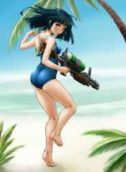 Rule 34 | 1girl, ass, barefoot, beach, black hair, blue hair, blush, brown eyes, competition school swimsuit, day, full body, highres, himadarou, legs, long hair, looking at viewer, looking back, one-piece swimsuit, original, outdoors, palm tree, sand, school swimsuit, smile, solo, swimsuit, tree, water gun