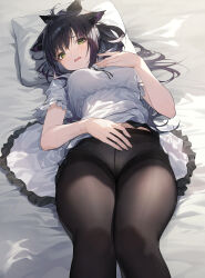 Rule 34 | 1girl, absurdres, animal ear fluff, animal ears, arknights, bed sheet, black hair, black pantyhose, breasts, cat ears, commentary, feet out of frame, fine fabric emphasis, floppy ears, frills, gathers, green eyes, hand on own chest, hand on own stomach, high ponytail, highres, jessica (arknights), lace, lace panties, long hair, looking at viewer, lying, medium breasts, multicolored hair, on back, panties, panties under pantyhose, pantyhose, parted lips, pillow, purple hair, shirt, short sleeves, sishui liuyue, solo, tearing up, two-tone hair, underwear, wavy mouth, white panties, white shirt