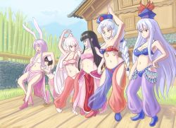 Rule 34 | &gt;:(, 6+girls, abs, animal ears, arabian clothes, armpits, bare arms, belly, belly dancing, poking belly, blue hair, blunt bangs, blush, blush stickers, bow, bra, breasts, brown hair, confused, d:, d:&lt;, dancer, eientei, eye contact, floppy ears, frown, fujiwara no mokou, full body, green eyes, hair bow, hair ribbon, harem outfit, harem pants, hat, highres, hime cut, hip focus, houraisan kaguya, inaba tewi, jewelry, kamishirasawa keine, long hair, long skirt, looking at another, medium breasts, multicolored hair, multiple girls, navel, open mouth, pants, petite, plump, pout, profitshame, purple hair, rabbit ears, rabbit tail, red eyes, reisen udongein inaba, revision, ribbon, see-through, short hair, skindentation, skirt, smile, smirk, smug, streaked hair, surprised, tail, toned, touhou, tress ribbon, underwear, v-shaped eyebrows, very long hair, white hair, yagokoro eirin