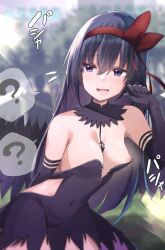 Rule 34 | ?, akemi homura, akuma homura, arm behind back, bare shoulders, black choker, black dress, black gloves, black hair, black wings, blurry, blurry background, blush, bow, breast slip, breasts, camera flash, chipa (arutana), choker, cleavage, commentary request, commission, cosplay, covered navel, dress, elbow gloves, eyelashes, gloves, groin, hair between eyes, hair bow, hair ribbon, hairband, hand up, highres, lips, long hair, looking to the side, mahou shoujo madoka magica, medium breasts, nipple slip, nipples, open mouth, outdoors, purple eyes, red bow, red hairband, red ribbon, ribbon, sidelocks, skeb commission, smile, sound effects, spoken question mark, straight hair, sweatdrop, very long hair, wings