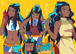 Rule 34 | 1girl, armlet, bare arms, belly chain, bike shorts, black hair, blue eyes, blue eyeshadow, blue hair, breasts, chewtle, closed mouth, commentary, creatures (company), dark-skinned female, dark skin, drednaw, dress, earrings, eyeshadow, game freak, gen 4 pokemon, gen 8 pokemon, gym leader, hair bun, hands on own hips, holding, holding phone, hoop earrings, imitating, jewelry, long hair, looking at viewer, makeup, multicolored hair, multiple views, navel, necklace, nessa (pokemon), nintendo, one eye closed, parted lips, pearl necklace, phone, pokemon, pokemon (creature), pokemon swsh, rotom, rotom phone, simple background, single hair bun, sleeveless, sleeveless dress, smile, two-tone hair, xelgot, yellow background, yellow dress
