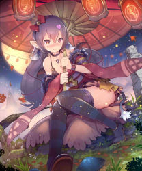 Rule 34 | 1girl, autumn leaves, bare shoulders, bow, breasts, brown eyes, choker, cleavage, earrings, full moon, hair bow, hair ornament, heart, heart hair ornament, jewelry, long hair, md5 mismatch, moon, original, pointy ears, purple hair, sitting, solo, striped clothes, striped thighhighs, teddy (khanshin), thighhighs, umbrella