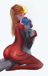 Rule 34 | 2girls, absurdres, arms around waist, artist request, ass, ayanami rei, blue eyes, blue hair, bodysuit, expressionless, feet out of frame, full body, highres, hug, long hair, looking at another, multiple girls, neon genesis evangelion, plugsuit, red eyes, sexually suggestive, sitting, sitting on person, smile, souryuu asuka langley