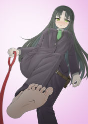 Rule 34 | 1girl, barefoot, belt, black hair, blazer, blush, business suit, eyelashes, feet, female focus, femdom, foot focus, formal, from below, green eyes, green neckwear, holding, holding leash, jacket, leash, long hair, looking at viewer, looking down, necktie, no shoes, nomenune, office lady, original, parted lips, pov, soles, solo, standing, standing on one leg, suit, toes, very long hair