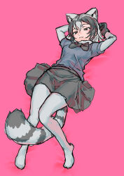 Rule 34 | 1girl, :3, absurdres, animal ears, arairestaurant, black bow, black bowtie, black gloves, black hair, black skirt, blue sweater, blush, bow, bowtie, brown eyes, common raccoon (kemono friends), elbow gloves, extra ears, fur collar, gloves, grey fur, grey gloves, grey hair, grey pantyhose, hair between eyes, highres, kemono friends, lying, multicolored hair, no shoes, on back, pantyhose, pink background, pleated skirt, puffy short sleeves, puffy sleeves, raccoon ears, raccoon girl, raccoon tail, short hair, short sleeves, sidelocks, skirt, solo, sweater, tail