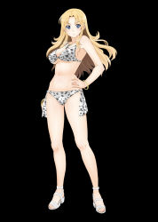 Rule 34 | 1girl, absurdres, bare shoulders, bikini, black background, blonde hair, blue eyes, blush, bracelet, breasts, cross, cross necklace, earrings, feet, hand on own hip, highres, jewelry, large breasts, legs, long hair, looking at viewer, navel, necklace, nightmare express, sandals, simple background, solo, standing, swimsuit, thighs, toes
