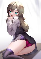 Rule 34 | 1girl, absurdres, ass, blonde hair, blush, commentary request, dress, from behind, green eyes, hair between eyes, hand on own chin, highres, long hair, long sleeves, looking at viewer, looking back, neit ni sei, open mouth, original, panties, red panties, sitting, solo, thighhighs, thighs, underwear