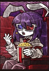 Rule 34 | 1girl, 3d glasses, animal ears, blush stickers, food, long hair, long sleeves, movie theater, necktie, open mouth, popcorn, purple hair, rabbit ears, red necktie, reisen udongein inaba, shirt, sitting, solo, suenari (peace), teeth, touhou, upper teeth only, white shirt