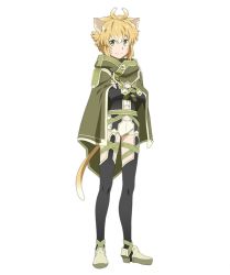 Rule 34 | 10s, 1girl, animal ears, argo the rat, black thighhighs, blonde hair, cape, cat ears, cat tail, crossed arms, facial mark, full body, green eyes, looking at viewer, official art, short hair, short shorts, shorts, simple background, smile, solo, standing, sword art online, tail, thighhighs, white background, white shorts