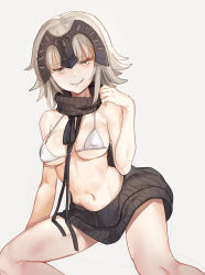 Rule 34 | 1girl, backless dress, backless outfit, bad id, bad pixiv id, bare shoulders, bikini, bikini top only, black sweater, breasts, covered erect nipples, drawstring, dress, fate/grand order, fate (series), grey background, grey hair, halterneck, headpiece, hip focus, jeanne d&#039;arc (fate), jeanne d&#039;arc alter (avenger) (fate), jeanne d&#039;arc alter (fate), legs apart, looking at viewer, medium breasts, meme attire, navel, parted lips, ribbed sweater, sharp teeth, short hair, shovelwall, shovelwell, simple background, smile, solo, sweater, swimsuit, teeth, turtleneck, turtleneck sweater, virgin killer sweater, wardrobe error, white bikini, yellow eyes