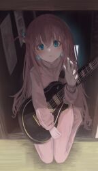 Rule 34 | 1girl, absurdres, blue eyes, bocchi the rock!, choppy bangs, cube hair ornament, gotoh hitori, guitar, hair between eyes, hair ornament, highres, holding, holding instrument, instrument, jacket, kneeling, long hair, long sleeves, looking at viewer, messy hair, one side up, pants, pink hair, pink jacket, pink pants, siruru0503, solo, track jacket, track pants, track suit, vest lift