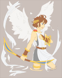 Rule 34 | 1boy, angel wings, bad deviantart id, bad id, blue eyes, bow (weapon), bracer, brown hair, charmwitch, highres, kid icarus, male focus, nintendo, no legs, pit (kid icarus), short hair, solo, tunic, vambraces, weapon, wings