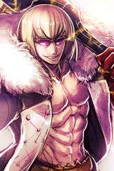 Rule 34 | 1boy, abs, belt, blonde hair, blunt bangs, carrying over shoulder, commentary request, electricity, fate/grand order, fate (series), fur trim, grin, jacket, male focus, matsumoto tomoyohi, muscular, open clothes, open jacket, sakata kintoki (fate), sakata kintoki (third ascension) (fate), smile, solo, sunglasses