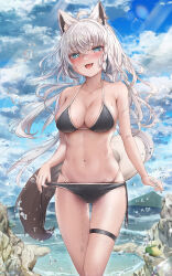 Rule 34 | 1girl, absurdres, ahoge, animal ear fluff, animal ears, aqua eyes, bare shoulders, bikini, black bikini, braid, breasts, cleavage, commentary, ear piercing, earrings, english commentary, fang, fox ears, fox girl, fox tail, hair between eyes, heart, heart-shaped pupils, highres, hololive, jewelry, large breasts, long hair, looking at viewer, navel, open mouth, outdoors, piercing, rimamo, shirakami fubuki, single braid, single earring, smile, solo, swimsuit, symbol-shaped pupils, tail, thigh strap, virtual youtuber, wet, white hair