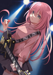 Rule 34 | 1girl, black skirt, blue eyes, blurry, blurry background, bocchi the rock!, breasts, commentary, cowboy shot, cube hair ornament, dutch angle, electric guitar, gotoh hitori, guitar, hair between eyes, hair ornament, hair over eyes, hand up, highres, holding, holding instrument, holding plectrum, instrument, jacket, large breasts, long hair, long sleeves, looking at viewer, momo-tako, multicolored eyes, one side up, open mouth, pink hair, pink jacket, pleated skirt, plectrum, skirt, solo, spotlight, standing, track jacket, yellow eyes