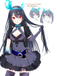 Rule 34 | 1girl, :o, akitama2727, alice (sinoalice), alternate hairstyle, belt, belt buckle, black dress, black gloves, black hair, black thighhighs, breasts, buckle, cleavage, dress, elbow pads, gloves, hair between eyes, headband, highres, holding, holding own hair, long hair, looking at viewer, open mouth, red eyes, short hair, short sleeves, simple background, sinoalice, solo, thighhighs, twintails, white background