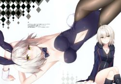 Rule 34 | 1girl, absurdres, ahoge, animal ears, armpits, boots, breasts, cleavage, clothing cutout, crossed legs, detached collar, fake animal ears, fate/grand order, fate (series), highres, jeanne d&#039;arc (fate), jeanne d&#039;arc alter (fate), jeanne d&#039;arc alter (ver. shinjuku 1999) (fate), jewelry, leotard, looking at viewer, lying, masuishi kinoto, multiple girls, multiple views, navel, navel cutout, necklace, official alternate costume, on back, pantyhose, parted lips, playboy bunny, rabbit ears, rabbit tail, short hair, simple background, smile, tail, white background, wrist cuffs