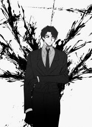 Rule 34 | 1boy, arm at side, black blood, black eyes, black gloves, black hair, black jacket, black necktie, black pants, blood, closed mouth, collared shirt, cosmichorror, gloves, hand on own arm, highres, jacket, library of ruina, long sleeves, looking to the side, necktie, pants, parted bangs, pocket, project moon, roland (project moon), shirt, simple background, sword, weapon, white background, white shirt, wing collar