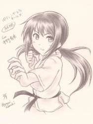 Rule 34 | 1girl, artist name, belt, black belt, black hair, brown eyes, clenched hand, dougi, female focus, fighting stance, idolmaster, idolmaster cinderella girls, japanese text, karate gi, long hair, long twintails, looking at viewer, martial arts belt, monochrome, nakano yuka, namco, neck, simple background, standing, traditional media, twintails, white background