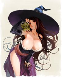 Rule 34 | 1girl, bad id, bad pixiv id, bare shoulders, bent over, breasts, brown eyes, brown hair, cleavage, detached sleeves, downblouse, dragon&#039;s crown, dress, hat, huge breasts, indesign, long hair, side slit, skull, sorceress (dragon&#039;s crown), strapless, strapless dress, witch hat