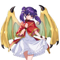 Rule 34 | 1girl, absurdres, blunt bangs, bracelet, capelet, closed mouth, clothes lift, coat, cowboy shot, crossed legs, curtsey, dragon girl, dragon wings, dress, fire emblem, fire emblem: the sacred stones, frilled dress, frills, gold trim, green wings, hair tie, hand on own chest, hand up, head tilt, highres, holding, holding clothes, holding skirt, jewelry, lifted by self, long hair, looking at viewer, multi-tied hair, myrrh (fire emblem), nintendo, noboru (kamine204136), open clothes, open coat, pale skin, purple hair, red capelet, red coat, red eyes, short dress, skirt, skirt lift, solo, standing, thighs, twintails, white background, white dress, wings, wristband, yellow wings