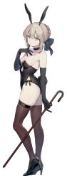 Rule 34 | 1girl, animal ears, artoria pendragon (all), artoria pendragon (fate), bare shoulders, black bow, black choker, black gloves, black leotard, black thighhighs, blonde hair, bow, braid, breasts, brown thighhighs, cane, choker, cleavage, collarbone, elbow gloves, fake animal ears, fate/stay night, fate (series), french braid, full body, gloves, hair between eyes, hair bow, hair bun, high heels, highleg, highleg leotard, highres, holding, holding cane, leotard, long hair, looking at viewer, medium breasts, open mouth, playboy bunny, rabbit ears, rabbit girl, rabbit tail, saber alter, sidelocks, simple background, single hair bun, solo, strapless, strapless leotard, tail, thighhighs, vivi (eve no hakoniwa), white background, yellow eyes