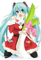 Rule 34 | 1girl, aqua eyes, aqua hair, badge, bow, button badge, candy, female focus, food, full body, gradient background, hatsune miku, heart, lollipop, long hair, pantyhose, santa costume, simple background, solo, spring onion, twintails, very long hair, vocaloid, white background, yuri (purinlove)