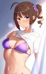Rule 34 | 1girl, ahoge, arm at side, bikini, bikini under clothes, blush, breasts, breasts apart, brown hair, closed mouth, clothes lift, commentary request, curtains, drill hair, drill ponytail, hair ornament, hair scrunchie, halterneck, hand on own chest, hand up, heavy breathing, highres, idolmaster, idolmaster million live!, indoors, karua (karua23), lifting own clothes, looking at viewer, medium breasts, navel, print scrunchie, purple bikini, purple eyes, purple scrunchie, raised eyebrows, ribs, scrunchie, see-through, shirt, shirt lift, short hair, short sleeves, side ponytail, sidelocks, solo, standing, stomach, swimsuit, transparent, underboob, upper body, wavy mouth, white shirt, yokoyama nao