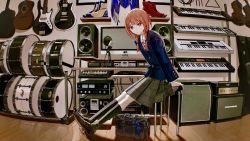 Rule 34 | 1girl, absurdres, acoustic guitar, amplifier, bag, bass guitar, blazer, boots, braid, collared shirt, commentary request, computer, denn (naluse flow), drum, electric guitar, gibson les paul, guitar, guitar case, highres, instrument, instrument case, jacket, kaf (kamitsubaki studio), kamitsubaki studio, keyboard (computer), keyboard (instrument), kneehighs, loafers, long hair, looking at viewer, low twin braids, microphone, mixing console, monitor, multicolored eyes, neck ribbon, parted lips, pink hair, plaid, plaid skirt, red ribbon, ribbon, school bag, school uniform, shirt, shoes, sitting, skirt, snare drum, socks, solo, speaker, triangle (instrument), twin braids, violin, virtual youtuber, yellow pupils