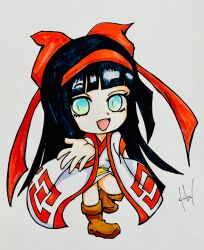 Rule 34 | 1girl, ainu clothes, aqua eyes, artist name, black hair, boots, breasts, chibi, hair ribbon, highres, legs, long hair, looking at viewer, nakoruru, open mouth, ribbon, samurai spirits, small breasts, smile, snk, solo, the king of fighters, thighs, traditional media