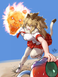Rule 34 | 1girl, angry, animal ears, aura, breasts, cellien (kemono friends), fang, fur collar, glowing, glowing eyes, highres, kemono friends, kemono friends 3, large breasts, lion, lion (kemono friends), lion ears, lion tail, plaid sleeves, plaid trim, stomping, tail, takebi, thighhighs, white thighhighs, zettai ryouiki