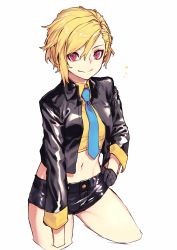 Rule 34 | 1girl, black gloves, black jacket, black shorts, blonde hair, blue necktie, closed mouth, collared shirt, cowboy shot, cropped legs, cropped shirt, gloves, hand on own hip, highres, jacket, leo (reiga), long sleeves, looking at viewer, midriff, navel, necktie, notice lines, open clothes, open jacket, original, red eyes, reiga (act000), shirt, short hair, short shorts, shorts, simple background, smile, solo, standing, white background, wing collar, yellow shirt