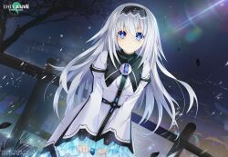 Rule 34 | 1girl, arusu maria, blue eyes, date a live, date a live: spirit pledge, dress, dutch angle, light rays, long hair, long sleeves, looking at viewer, night, official art, outdoors, smile, solo, tree, white dress, white hair, wide sleeves