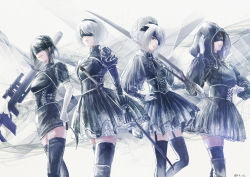 Rule 34 | 4girls, black legwear, commentary, commentary request, corset, hand on own head, highres, holding, holding sword, holding weapon, multiple girls, nier:automata, nier (series), real life, sheath, sheathed, swept bangs, sword, thigh strap, thighhighs, wariko, weapon, 2b (nier:automata)