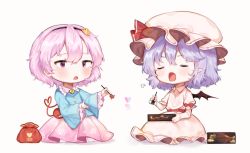 Rule 34 | 2girls, arms up, bad id, bad pixiv id, bat wings, bento, blouse, blue hair, blue shirt, blush, character name, chibi, chopsticks, closed eyes, commentary, drawstring bag, dress, english commentary, facing another, food, food art, hair between eyes, hair ornament, hairband, hat, hat ribbon, heart, heart hair ornament, heart of string, highres, holding, holding chopsticks, komeiji satori, long sleeves, looking at another, looking at viewer, mob cap, multiple girls, open mouth, petticoat, pink dress, pink eyes, pink hair, pink hat, pink skirt, pointy ears, puff of air, puffy short sleeves, puffy sleeves, remilia scarlet, ribbon, shirt, short hair, short sleeves, simple background, sitting, skirt, tako-san wiener, third eye, touhou, useq1067, white background, wide sleeves, wings