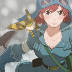 Rule 34 | 1girl, animal, animal on shoulder, bandages, belt, between breasts, blush, breasts, brown eyes, brown hair, cartridge, earrings, gloves, goggles, goggles on head, hat, jewelry, kaze no tani no nausicaa, medium breasts, nausicaa, short hair, solo, strap between breasts, studio ghibli, teto (nausicaa), yazwo
