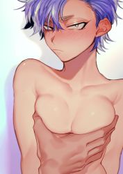 Rule 34 | 1boy, 1girl, asymmetrical bangs, blue hair, blush, grabbing another&#039;s breast, breasts, brown eyes, closed mouth, collarbone, dotsuco, genderswap, genderswap (mtf), grabbing, hair between eyes, looking at viewer, medium breasts, multicolored hair, nose blush, nude, original, scowl, short hair, solo focus, sweatdrop, two-tone hair, upper body, white hair