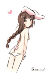 Rule 34 | 1girl, animal ears, ass, bad id, bad pixiv id, blush, braid, breasts, brown eyes, brown hair, butt crack, covering breasts, covering privates, creative commons, dutch angle, heart, long hair, looking at viewer, looking back, mony, original, panties, rabbit ears, rabbit tail, simple background, single braid, sketch, small breasts, solo, tail, topless, twitter username, underwear, underwear only, white background, white panties