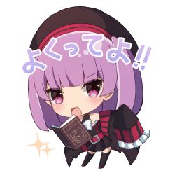 Rule 34 | 1girl, :d, belt, belt buckle, beret, black dress, black hat, black jacket, black thighhighs, blush, book, buckle, chibi, dress, fate/grand order, fate (series), frilled sleeves, frills, full body, hat, helena blavatsky (fate), helena blavatsky (third ascension) (fate), highres, jacket, leaning forward, long sleeves, looking at viewer, open book, open clothes, open jacket, open mouth, pleated dress, purple eyes, purple hair, red belt, red footwear, sapphire (sapphire25252), simple background, sleeves past fingers, sleeves past wrists, smile, solo, sparkle, standing, thighhighs, translated, white background