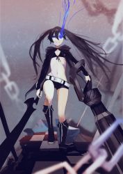 Rule 34 | 1girl, absurdres, belt, belt buckle, bikini, bikini top only, bikini under clothes, black bikini, black footwear, black hair, black jacket, black ribbon, black rock shooter, black rock shooter (character), black shorts, blue eyes, blue fire, blurry, blurry background, boots, buckle, checkered floor, closed mouth, fire, flaming eye, flat chest, floating hair, front-tie top, frown, full body, grey background, highres, holding, holding sword, holding weapon, jacket, knee boots, long hair, long sleeves, looking at viewer, micro shorts, open clothes, open jacket, ribbon, saiya2009, shorts, solo, swimsuit, sword, twintails, very long hair, weapon, white belt