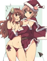Rule 34 | 2girls, :o, ^^^, bare shoulders, belt, bikini, black belt, blush, bob cut, breasts, brown eyes, brown hair, cape, chiyoda momo, christmas, commentary, cowboy shot, curled horns, demon girl, demon horns, demon tail, detached sleeves, dress, fang, frown, fur-trimmed cape, fur-trimmed dress, fur trim, green eyes, groin, hair ornament, hat, horns, hug, long hair, looking at viewer, machikado mazoku, medium breasts, multiple girls, navel, outside border, parted lips, pink hair, pleated dress, red bikini, red cape, red dress, red headwear, red sleeves, santa bikini, santa dress, santa hat, short dress, short hair, side-tie bikini bottom, skin fang, standing, strapless, strapless dress, sweatdrop, swimsuit, tail, tom q (tomtoq), x hair ornament, yoshida yuuko (machikado mazoku)