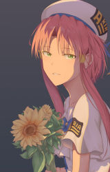 Rule 34 | 1girl, aria (manga), aria company uniform, blouse, bow, bowtie, breasts, collarbone, commentary, flower, green eyes, grey background, hair intakes, hat, highres, holding, holding flower, logo, looking at viewer, looking to the side, mizunashi akari, parted bangs, parted lips, pink hair, reinaz, sailor hat, shirt, short hair with long locks, sidelocks, simple background, solo, sunflower, teeth, upper body, white shirt