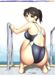 Rule 34 | 1girl, ass, backboob, barefoot, black hair, breasts, brown eyes, competition swimsuit, from behind, highres, iruma kamiri, large breasts, looking at viewer, looking back, one-piece swimsuit, original, ponytail, pool, pool ladder, scan, short hair, smile, solo, squatting, swimsuit, water, wet