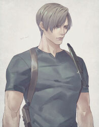 Rule 34 | 1boy, blonde hair, closed mouth, grey background, grey eyes, grey shirt, highres, holster, knife, knife sheath, leon s. kennedy, looking to the side, male focus, parted bangs, resident evil, resident evil 4, sheath, shirt, short hair, short sleeves, solo, talgi, tight clothes, tight shirt, toned, toned male, upper body