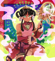 Rule 34 | 1girl, ace attorney, black hair, bridal gauntlets, collared dress, dark-skinned female, dark skin, detached sleeves, diadem, dress, facial mark, gem, green eyes, hair ribbon, hair rings, holding, holding staff, jewelry, long sleeves, looking at viewer, ministarfruit, multicolored background, necklace, parted lips, phoenix wright: ace attorney - spirit of justice, pink dress, rayfa padma khura&#039;in, red gemstone, ribbon, sandals, short dress, sidelocks, sitting, sleeveless, sleeveless dress, smoke, solo, staff